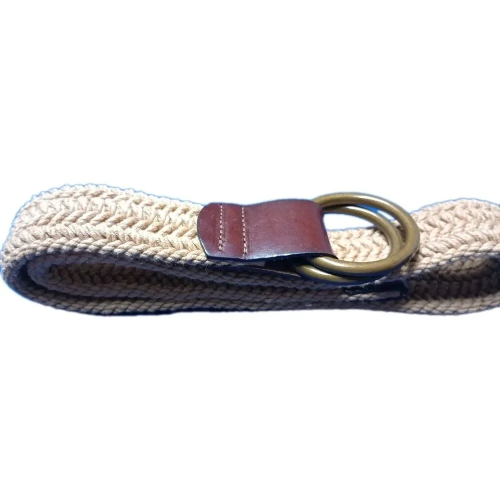 Beige woven belt with brown leather accents double Brass Rings Size 36